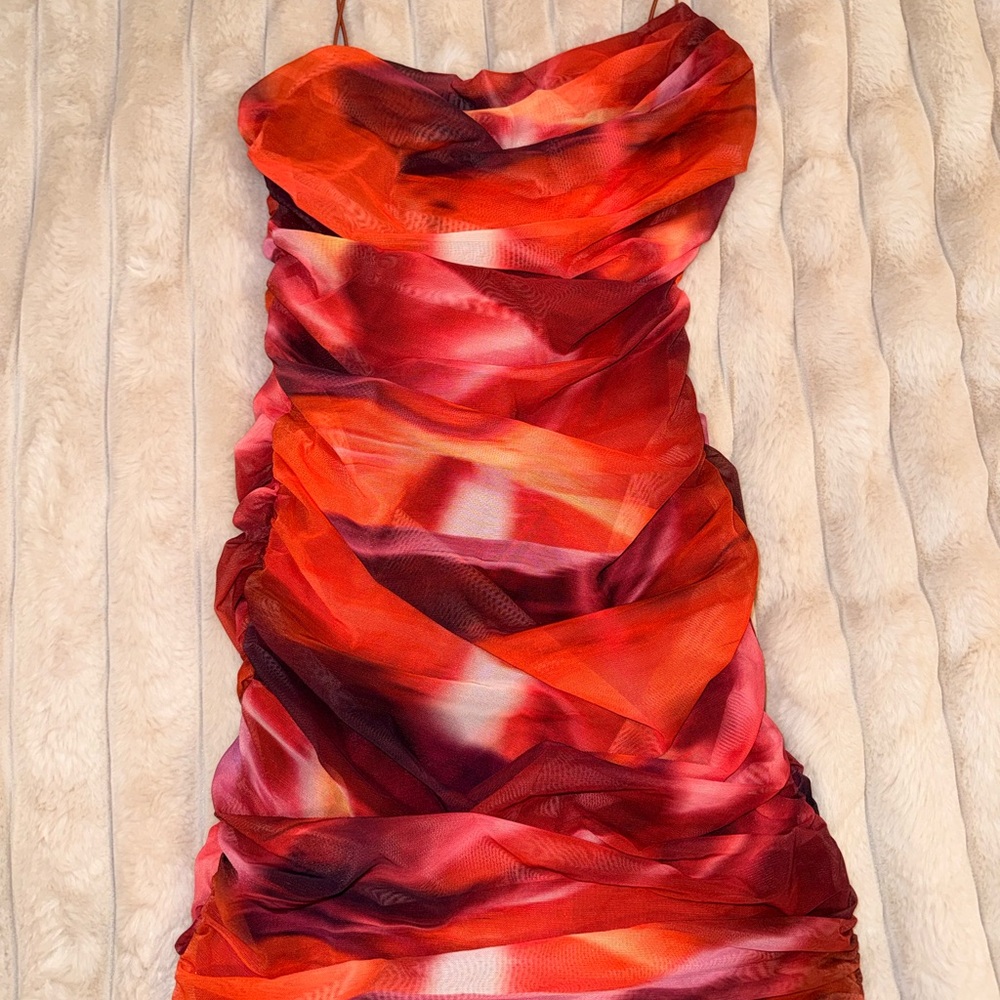 Oh Polly Strapless Dress in Red and Orange